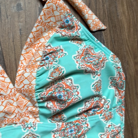 Cabana Life Teal/Orange Printed One Piece Bathing Suit - Picture 3 of 10